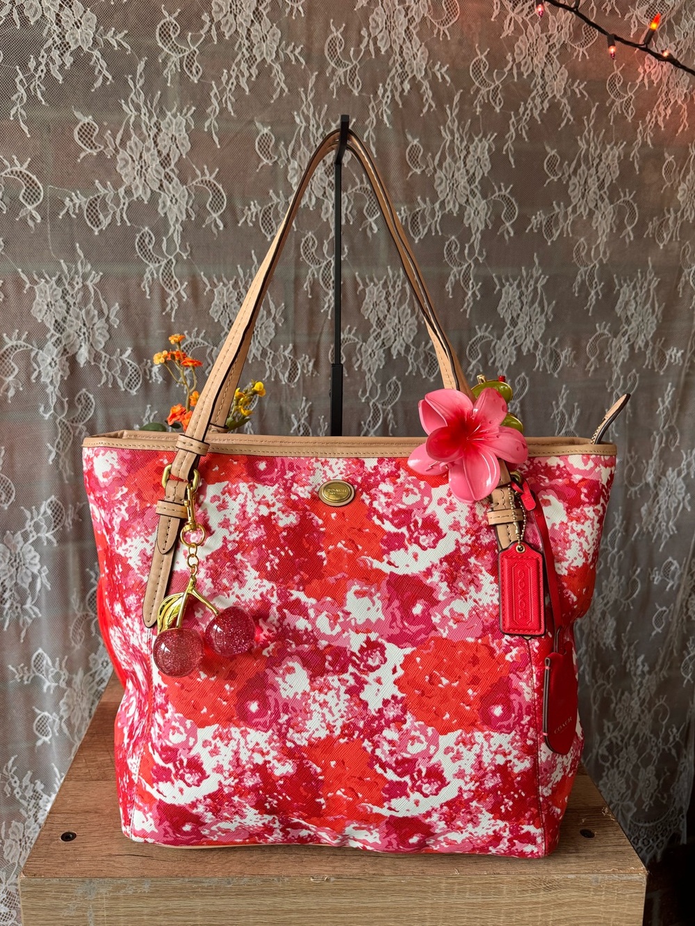 Pink Coach Rose Floral Tote Shoulder Bag with Tan Straps
